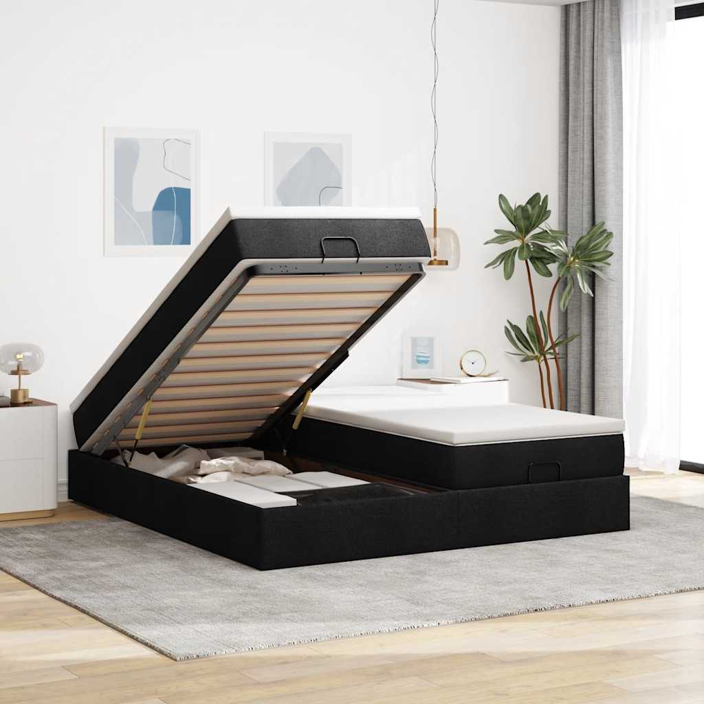 Cadre de lit ottoman avec matelas noir 160x200 cm tissu - XIOS