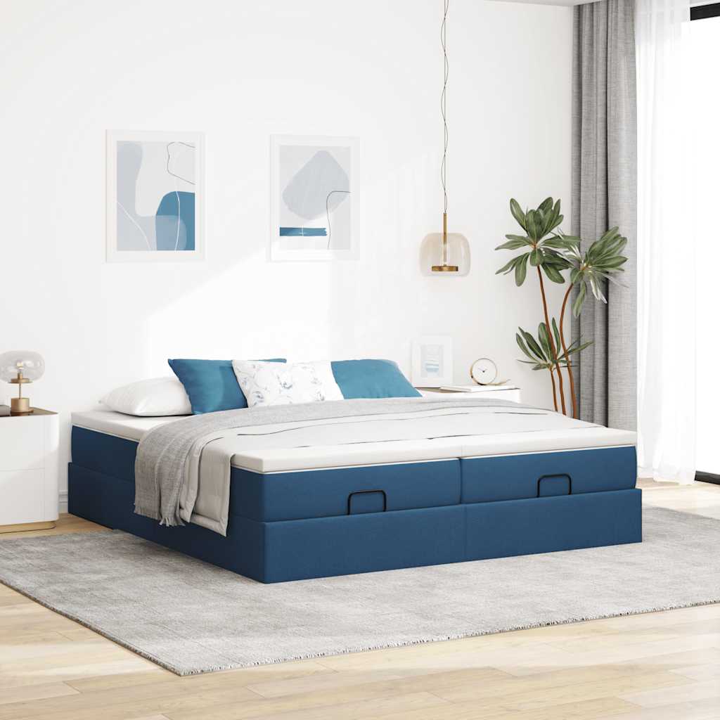 Cadre de lit ottoman avec matelas bleu 160x200 cm tissu - XIOS