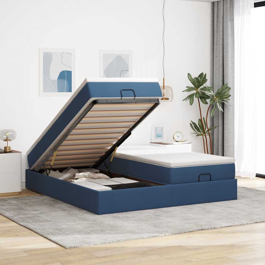 Cadre de lit ottoman avec matelas bleu 160x200 cm tissu - XIOS