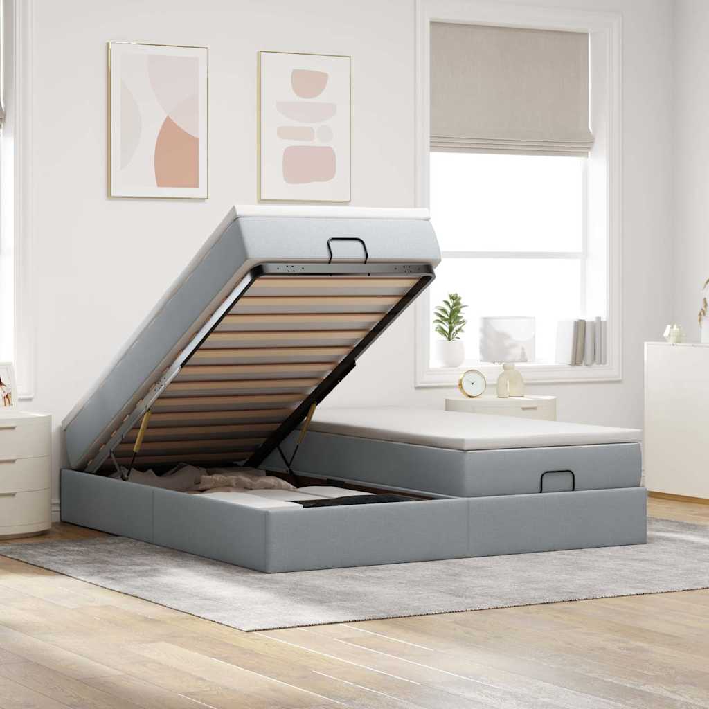 Cadre de lit ottoman et matelas gris clair 180x200cm tissu - XIOS