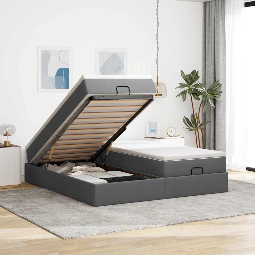Cadre de lit ottoman avec matelas gris foncé 180x200cm tissu - XIOS