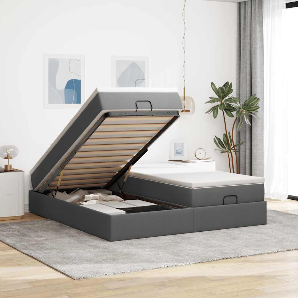 Cadre de lit ottoman avec matelas gris foncé 200x200cm tissu - XIOS
