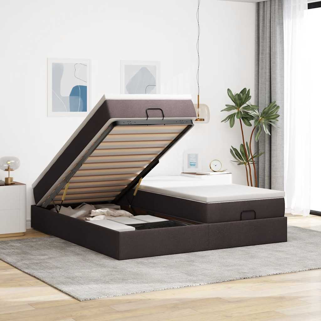 Cadre de lit ottoman avec matelas marron foncé 200x200 cm tissu - XIOS