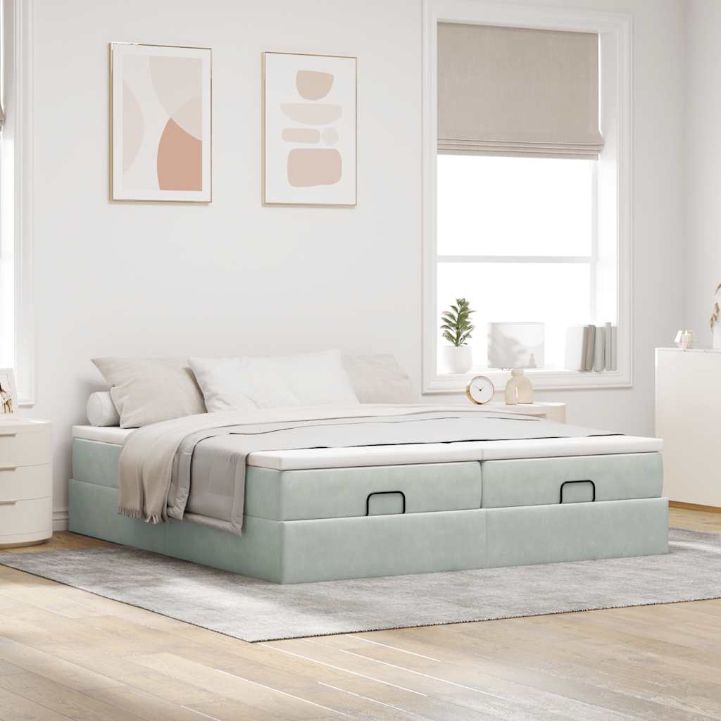 Cadre de lit ottoman et matelas gris clair 160x200cm velours - XIOS