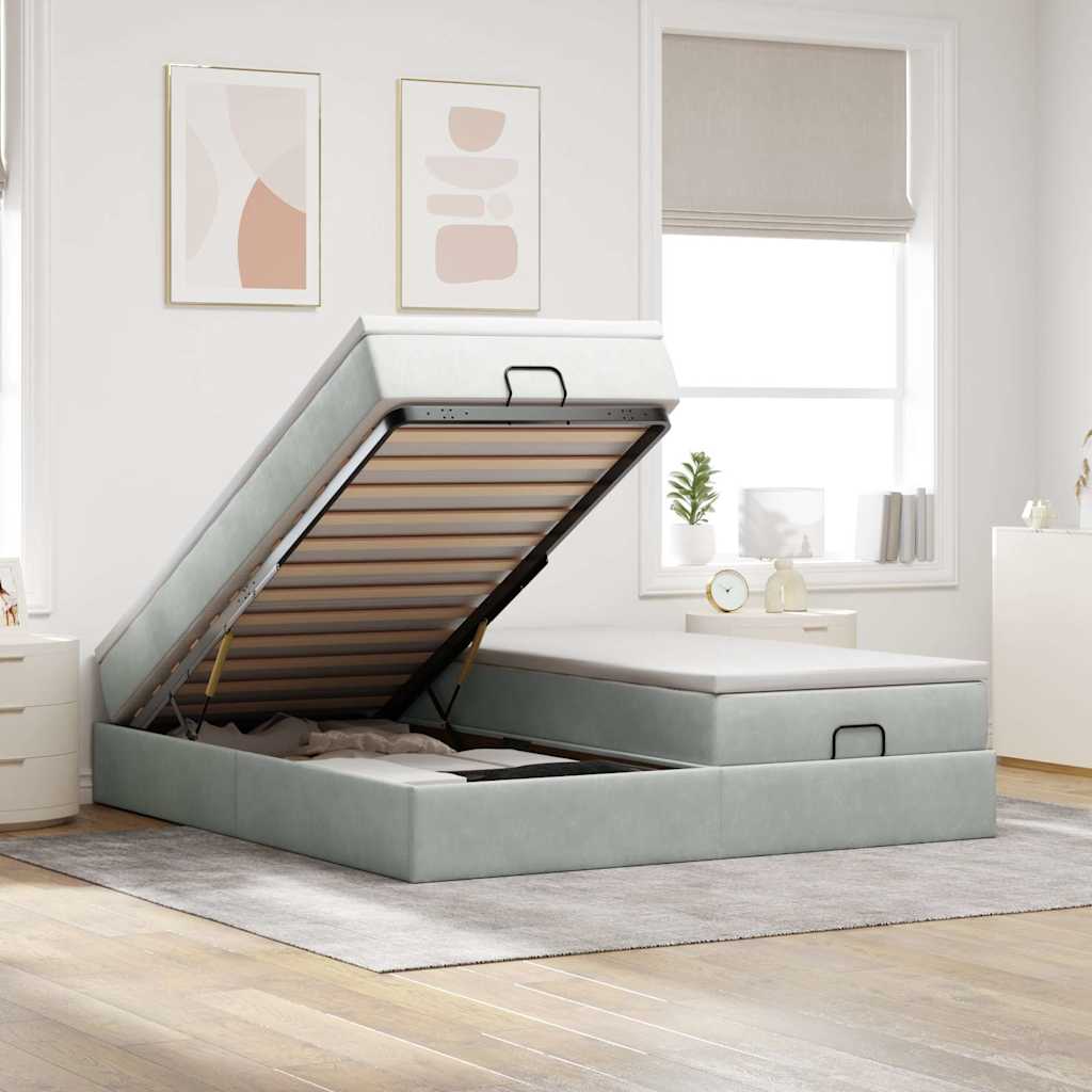 Cadre de lit ottoman et matelas gris clair 160x200cm velours - XIOS