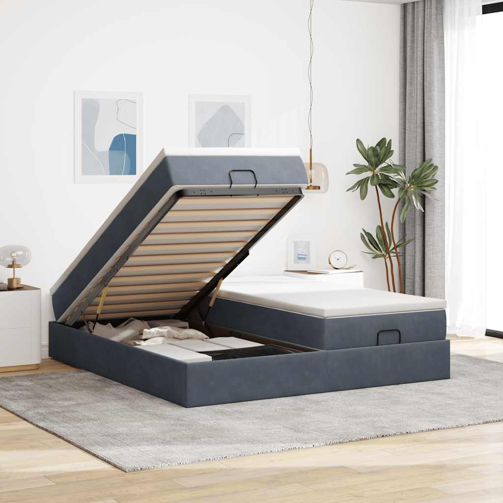 Cadre de lit ottoman avec matelas gris foncé 160x200cm velours - XIOS
