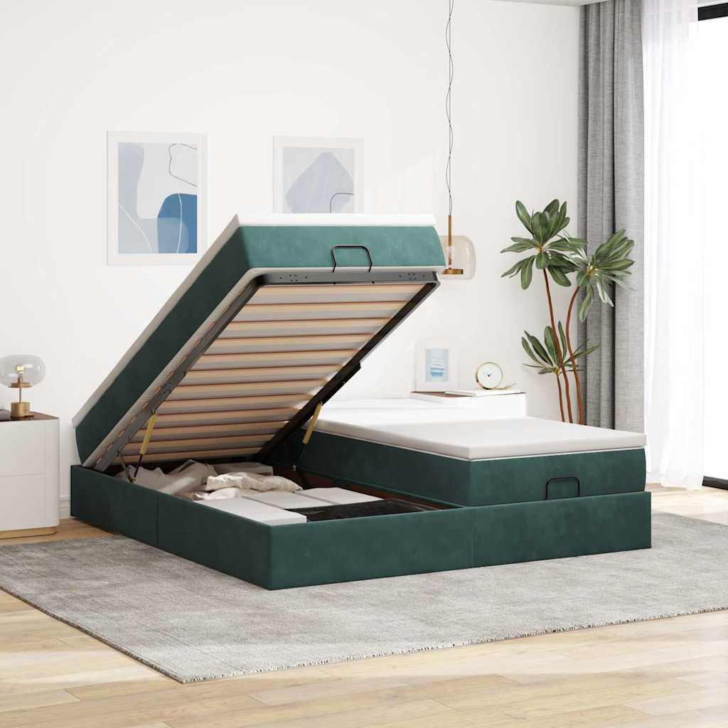 Cadre de lit ottoman avec matelas vert foncé 160x200 cm velours - XIOS