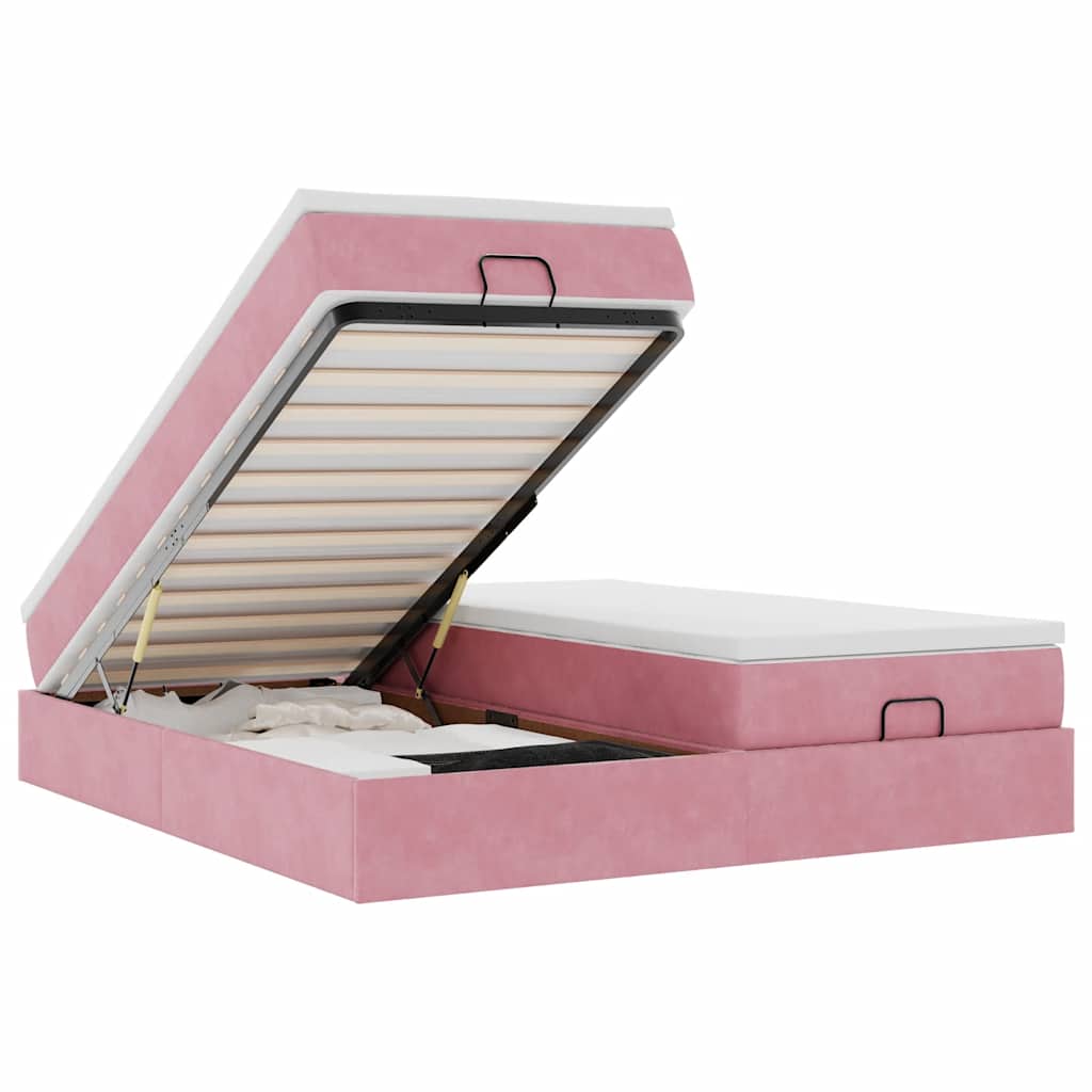 Cadre de lit ottoman avec matelas rose 160x200 cm velours - XIOS
