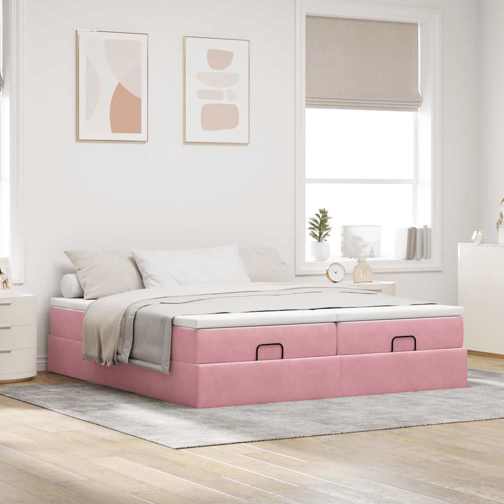 Cadre de lit ottoman avec matelas rose 160x200 cm velours - XIOS