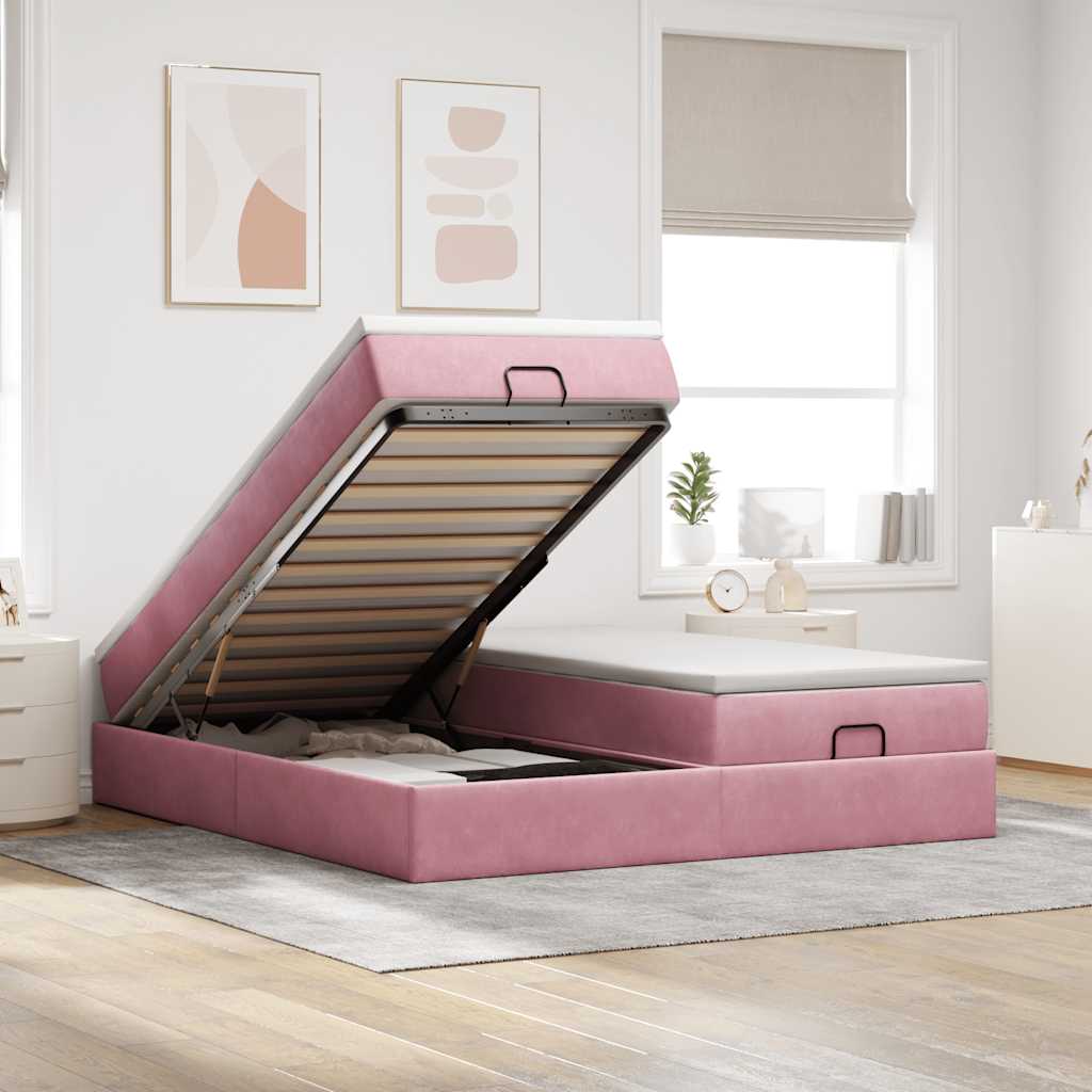 Cadre de lit ottoman avec matelas rose 180x200 cm velours - XIOS