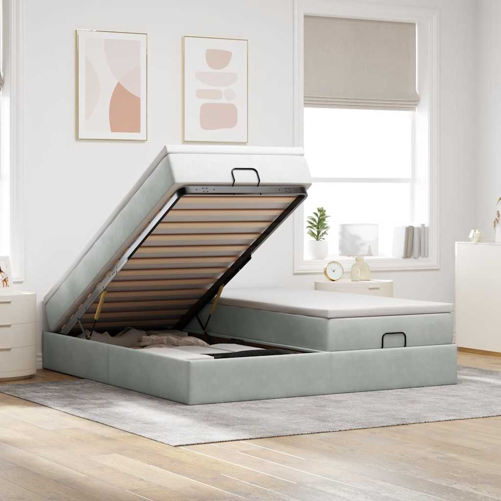 Cadre de lit ottoman avec matelas gris clair 200x200 cm velours - XIOS