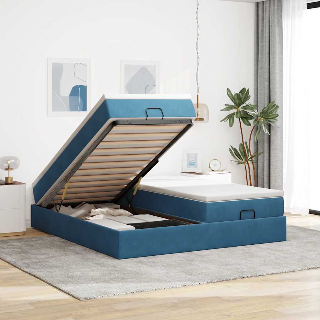 Cadre de lit ottoman avec matelas bleu foncé 200x200 cm velours - XIOS