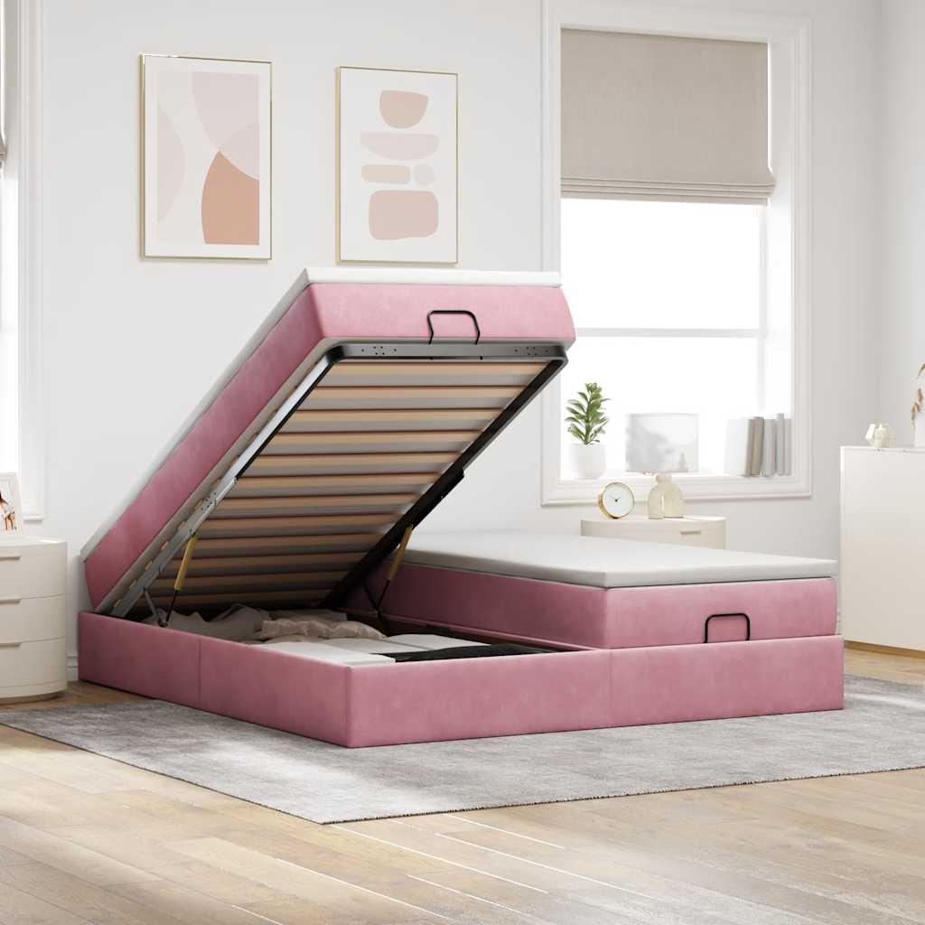 Cadre de lit ottoman avec matelas rose 200x200 cm velours - XIOS