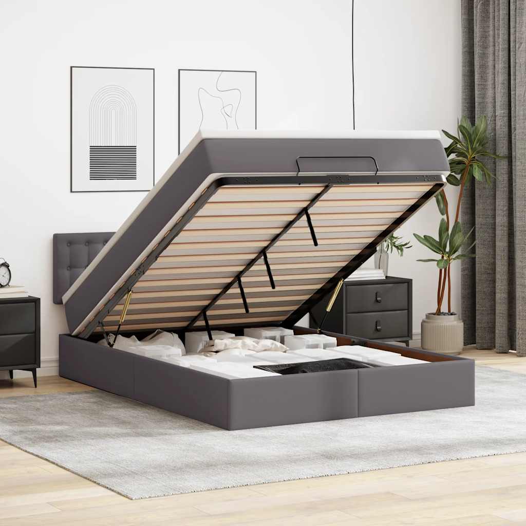 Cadre de lit ottoman avec matelas gris 140x200 cm similicuir - XIOS