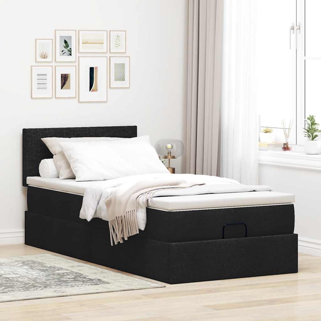 Lit ottoman avec matelas noir 90x200 cm tissu - XIOS