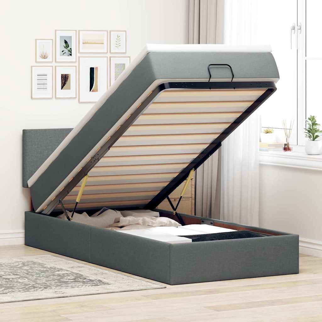 Cadre de lit ottoman avec matelas gris foncé 100x200 cm tissu - XIOS
