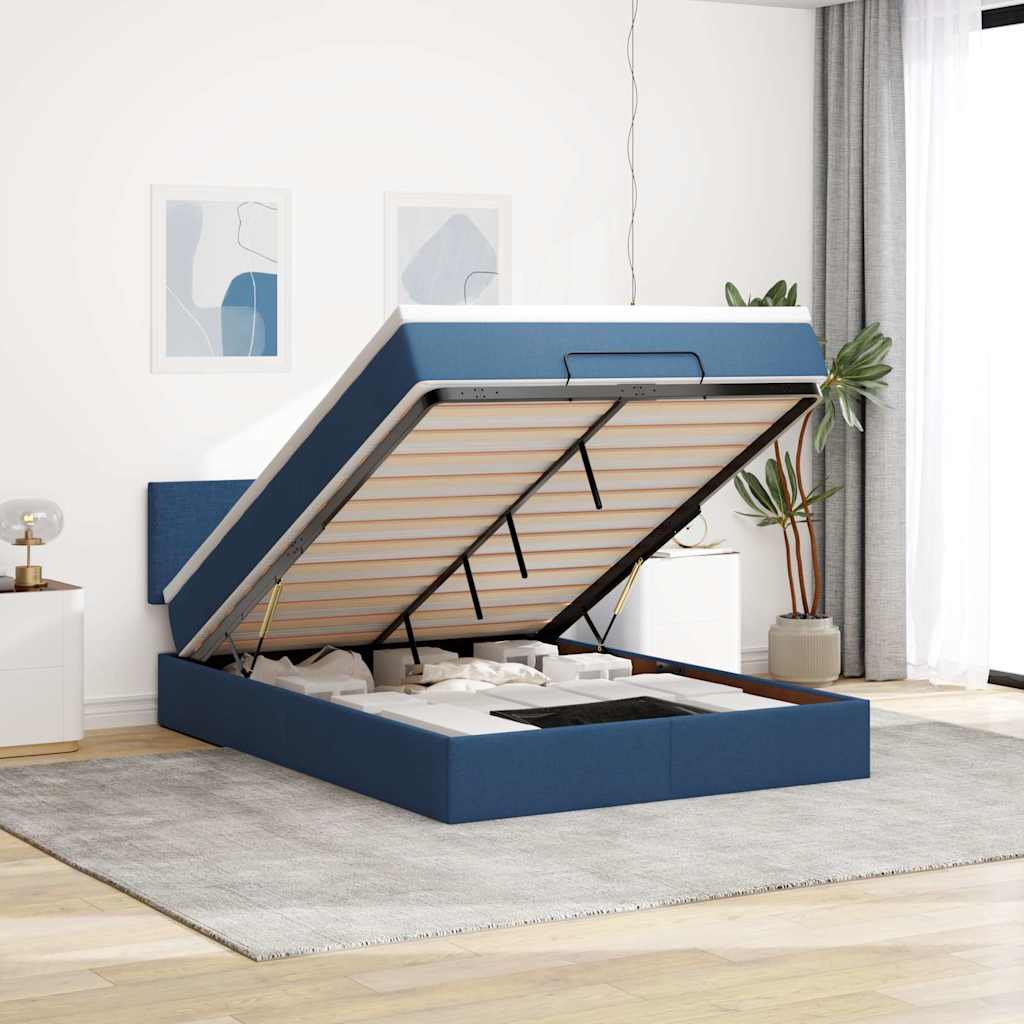 Cadre de lit ottoman avec matelas bleu 140x200 cm tissu - XIOS