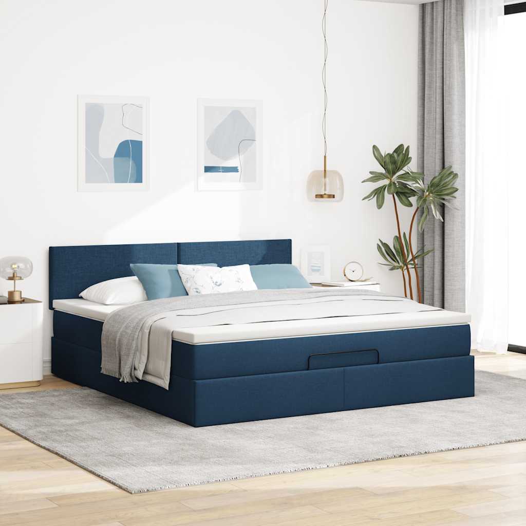 Cadre de lit ottoman avec matelas bleu 160x200 cm tissu - XIOS