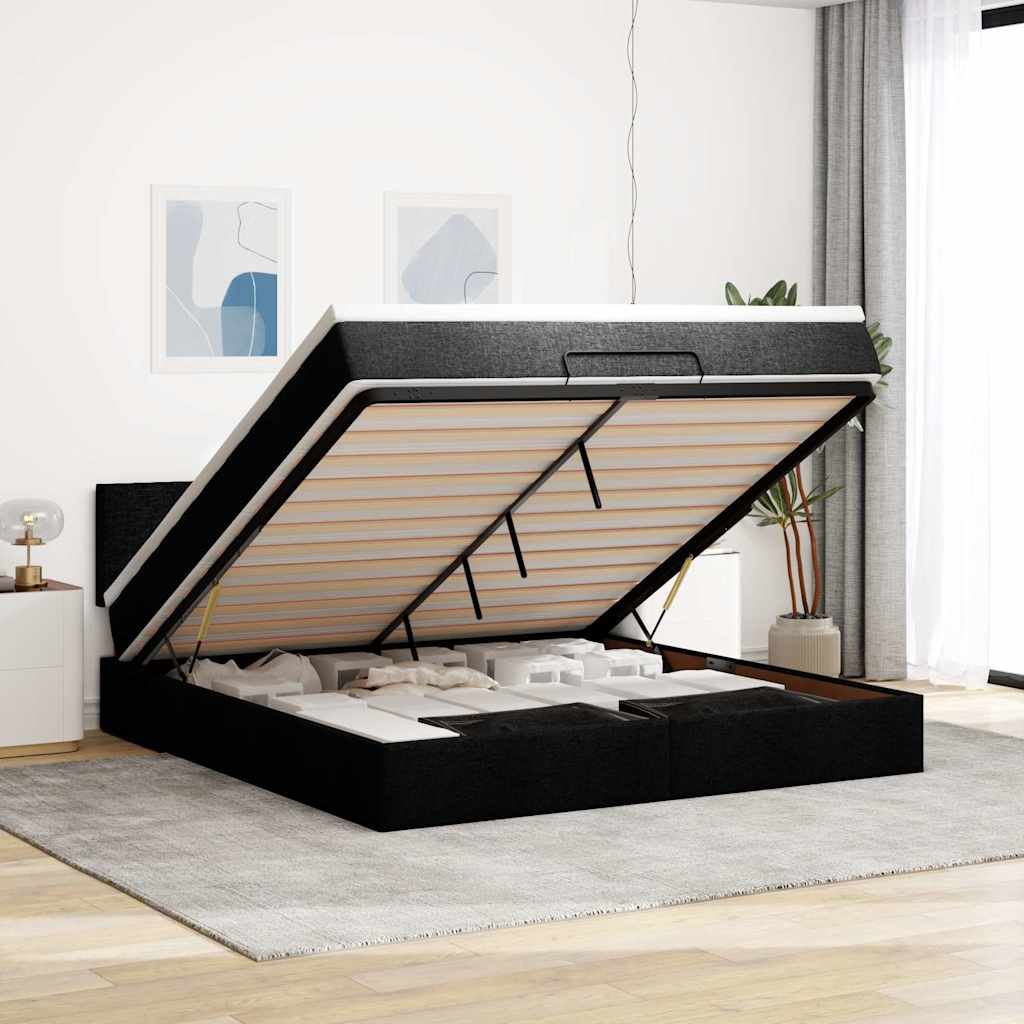 Cadre de lit ottoman avec matelas noir 180x200 cm tissu - XIOS