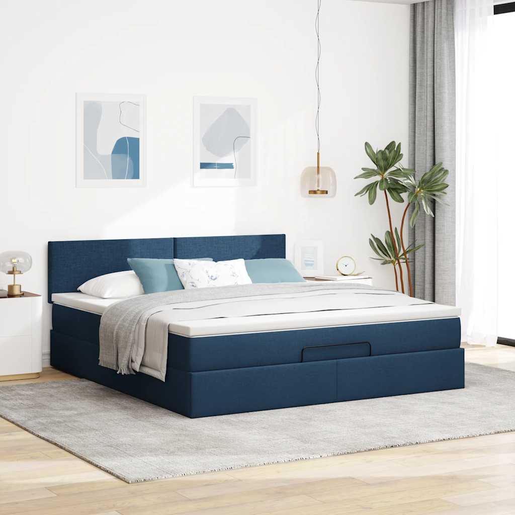Cadre de lit ottoman avec matelas bleu 180x200 cm tissu - XIOS