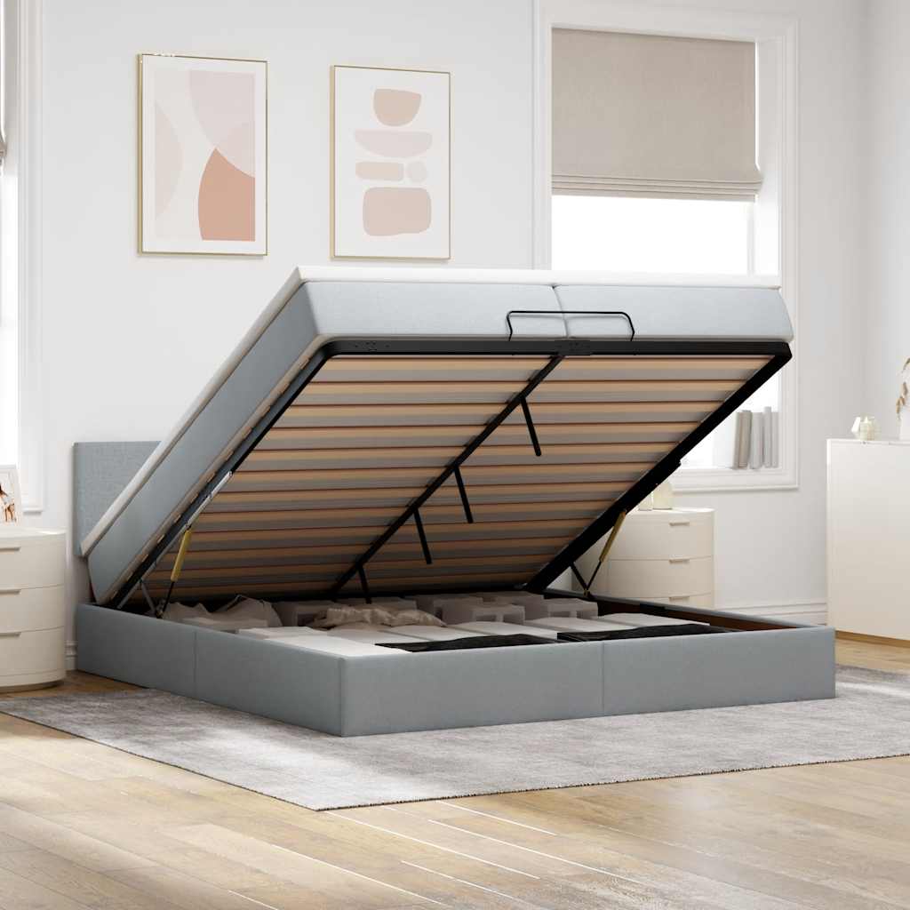 Cadre de lit ottoman avec matelas gris clair 200x200 cm tissu - XIOS