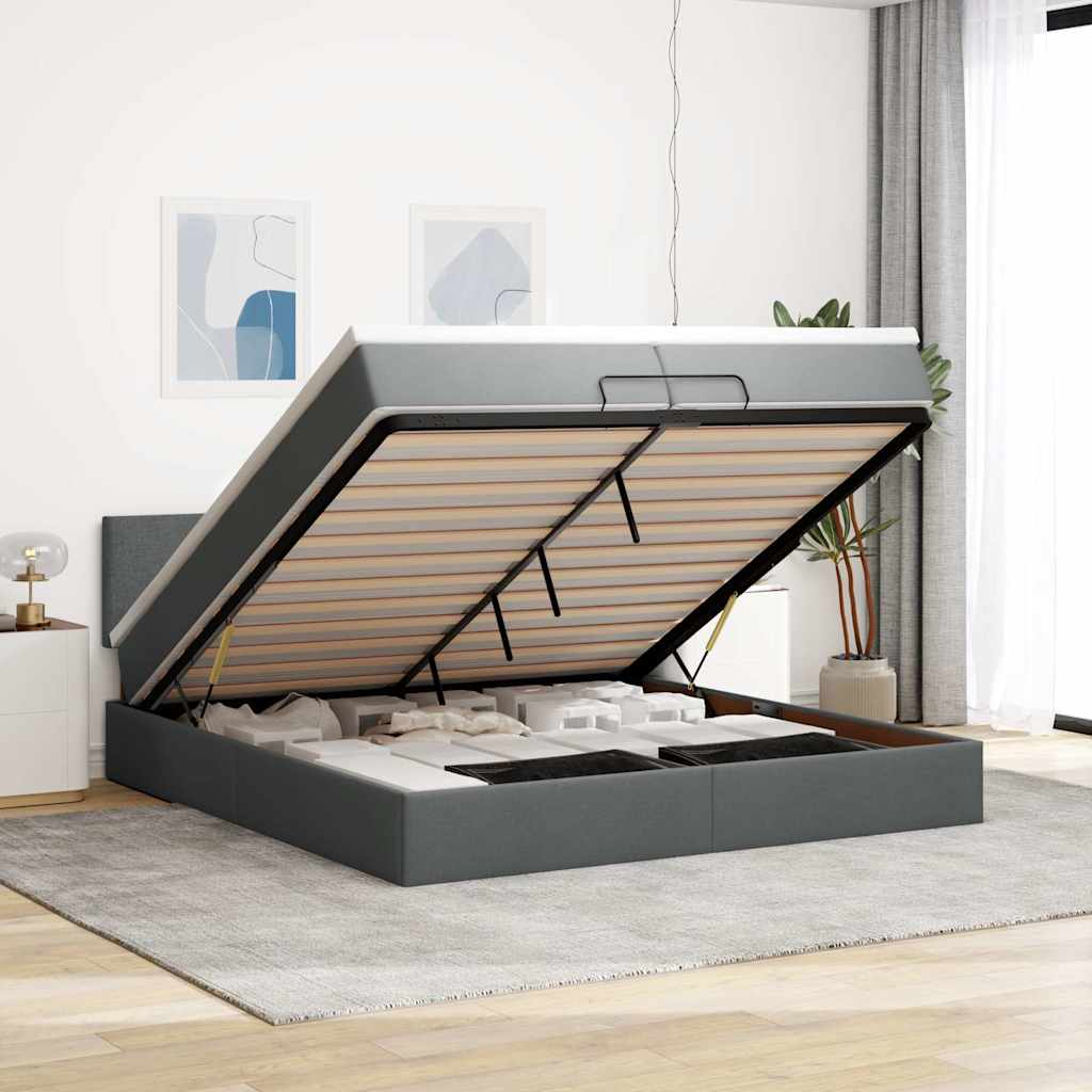 Cadre de lit ottoman avec matelas gris foncé 200x200 cm tissu - XIOS