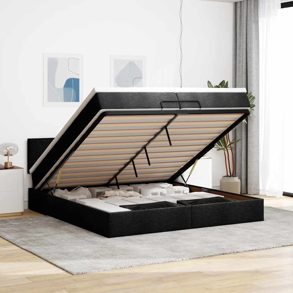 Cadre de lit ottoman avec matelas noir 200x200 cm tissu - XIOS