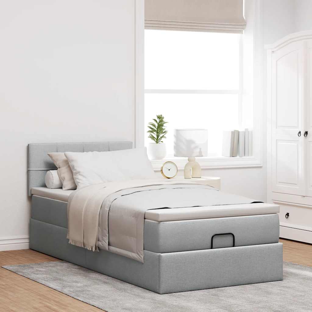 Cadre de lit ottoman et matelas gris clair 90x190 cm tissu - XIOS
