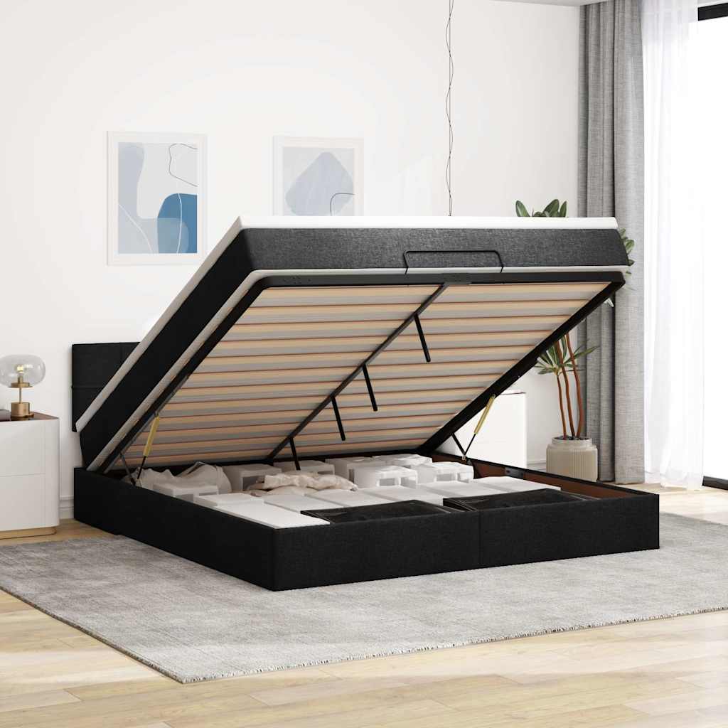 Cadre de lit ottoman avec matelas noir 180x200 cm tissu - XIOS