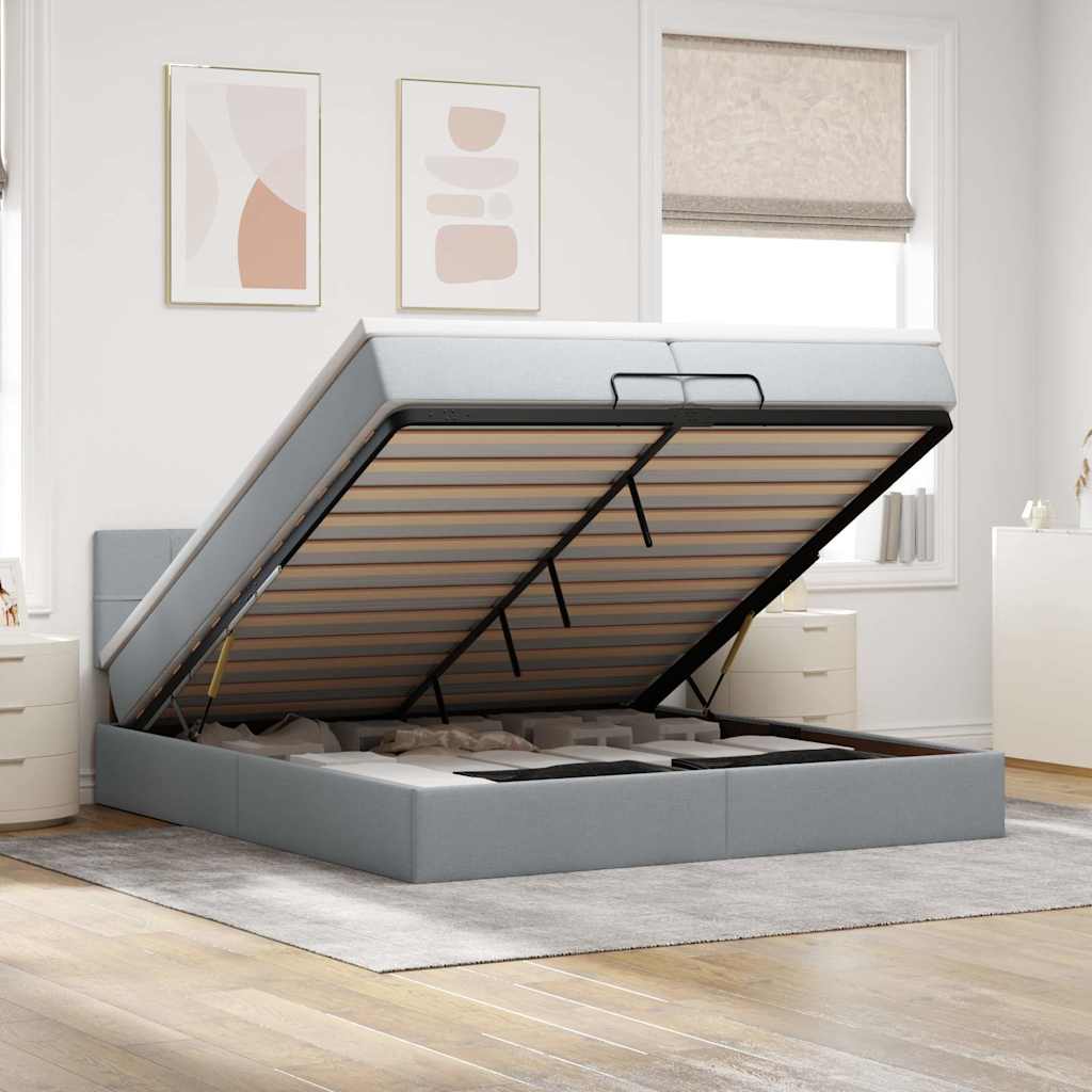 Cadre de lit ottoman avec matelas gris clair 200x200 cm tissu - XIOS