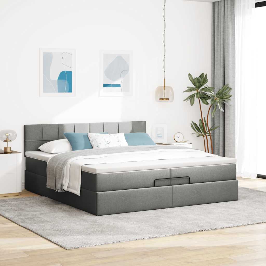 Cadre de lit ottoman avec matelas gris foncé 200x200 cm tissu - XIOS