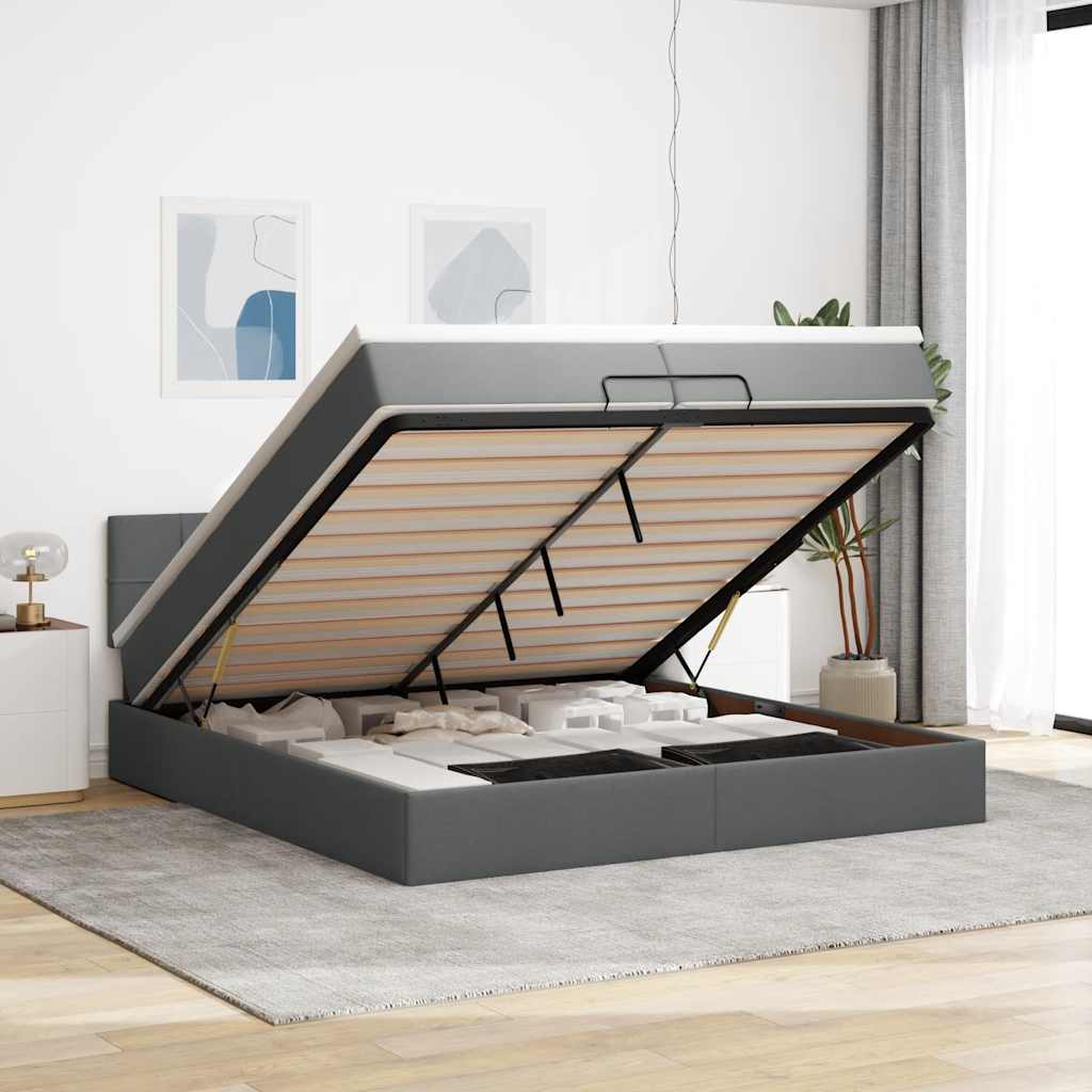 Cadre de lit ottoman avec matelas gris foncé 200x200 cm tissu - XIOS