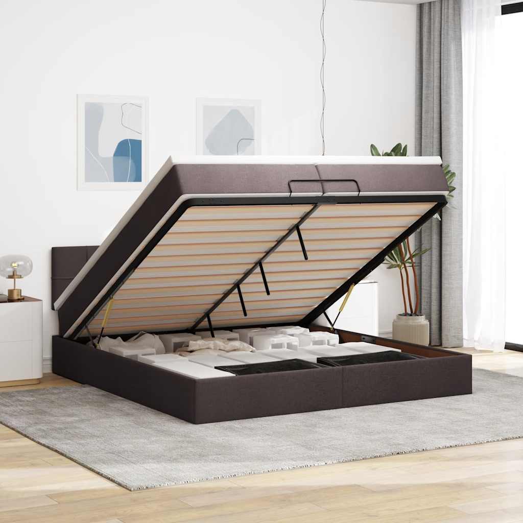 Cadre de lit ottoman avec matelas marron foncé 200x200 cm tissu - XIOS