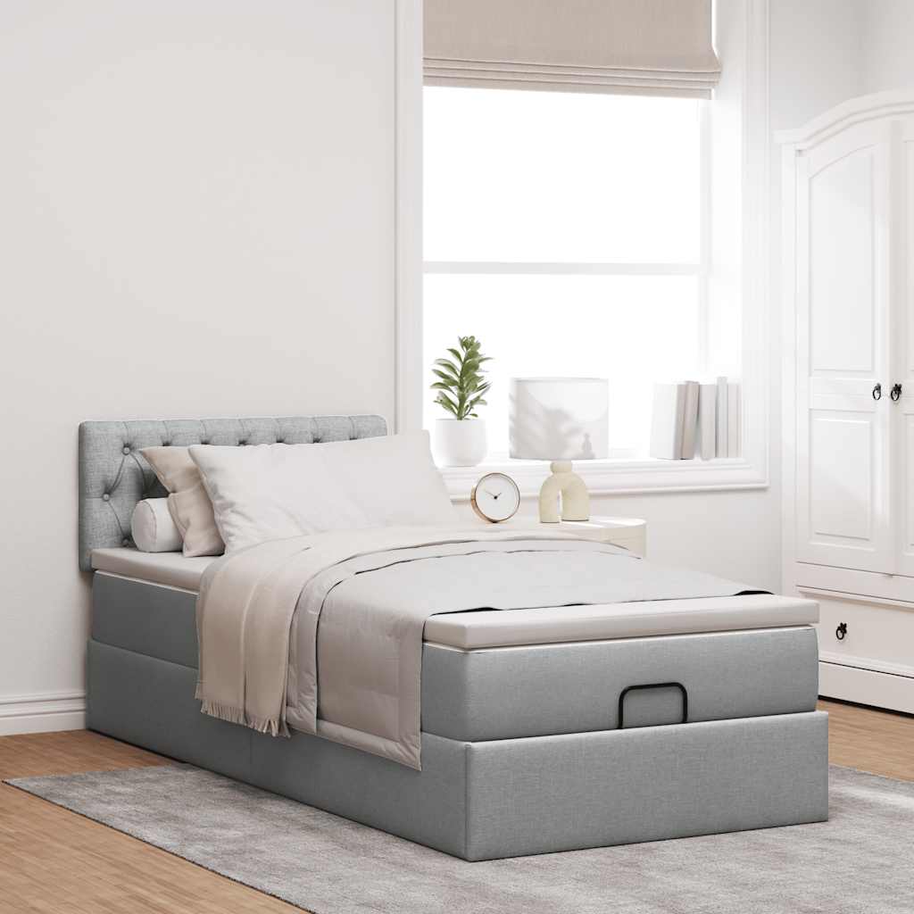 Cadre de lit ottoman et matelas gris clair 90x190 cm tissu - XIOS