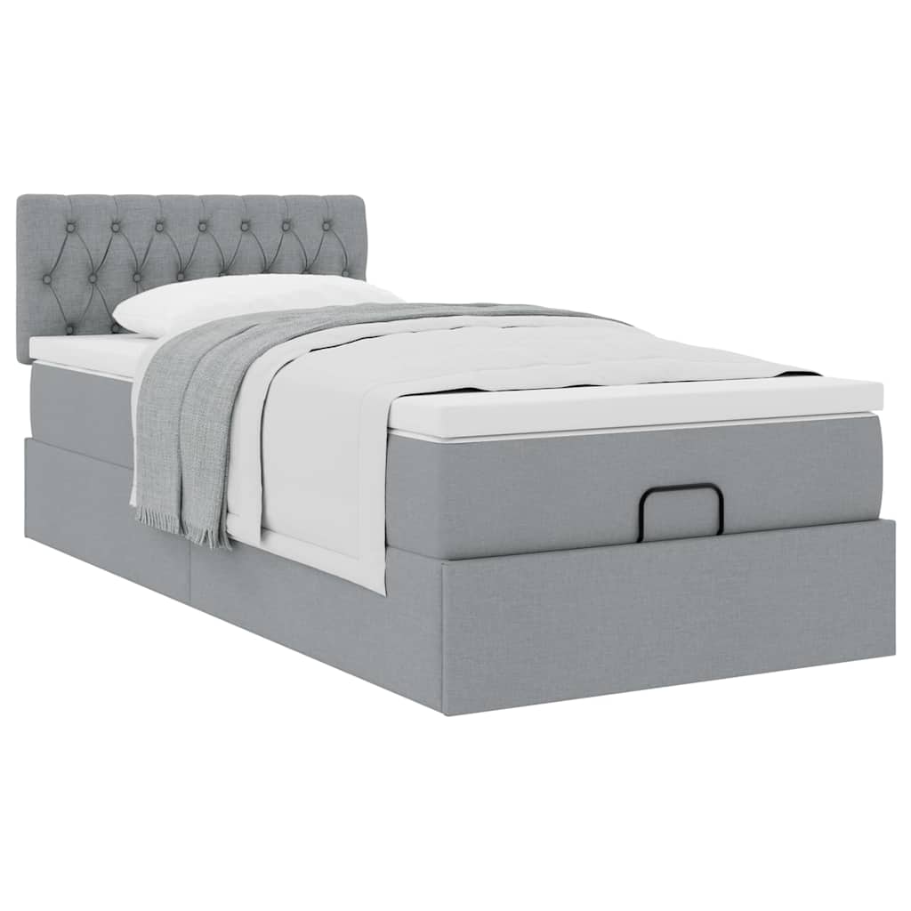 Cadre de lit ottoman et matelas gris clair 90x190 cm tissu - XIOS