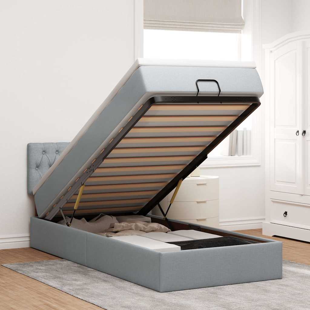 Cadre de lit ottoman et matelas gris clair 90x190 cm tissu - XIOS