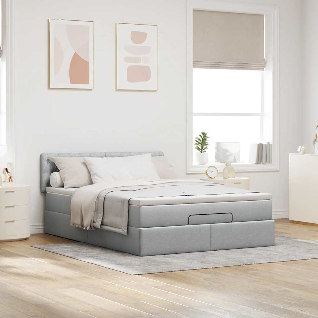 Cadre de lit ottoman et matelas gris clair 140x200 cm tissu - XIOS