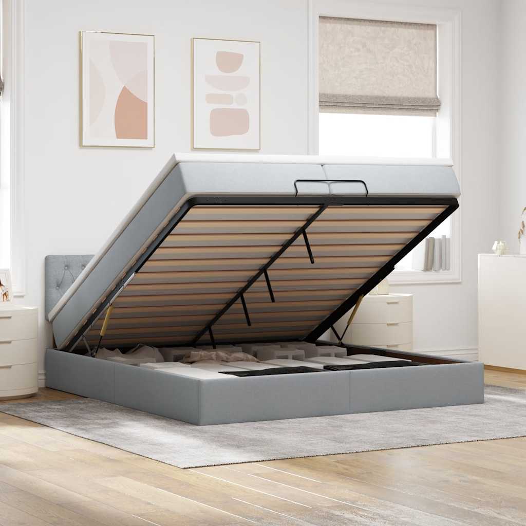 Cadre de lit ottoman avec matelas gris clair 200x200 cm tissu - XIOS