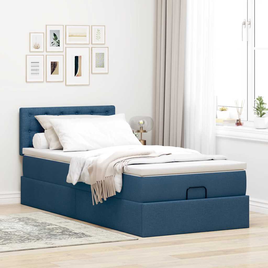 Cadre de lit ottoman avec matelas bleu 90x190 cm tissu - XIOS