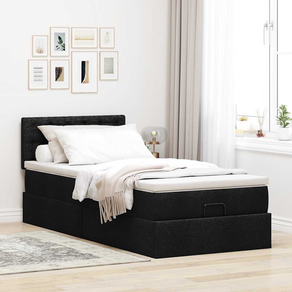 Lit ottoman avec matelas noir 90x200 cm tissu - XIOS