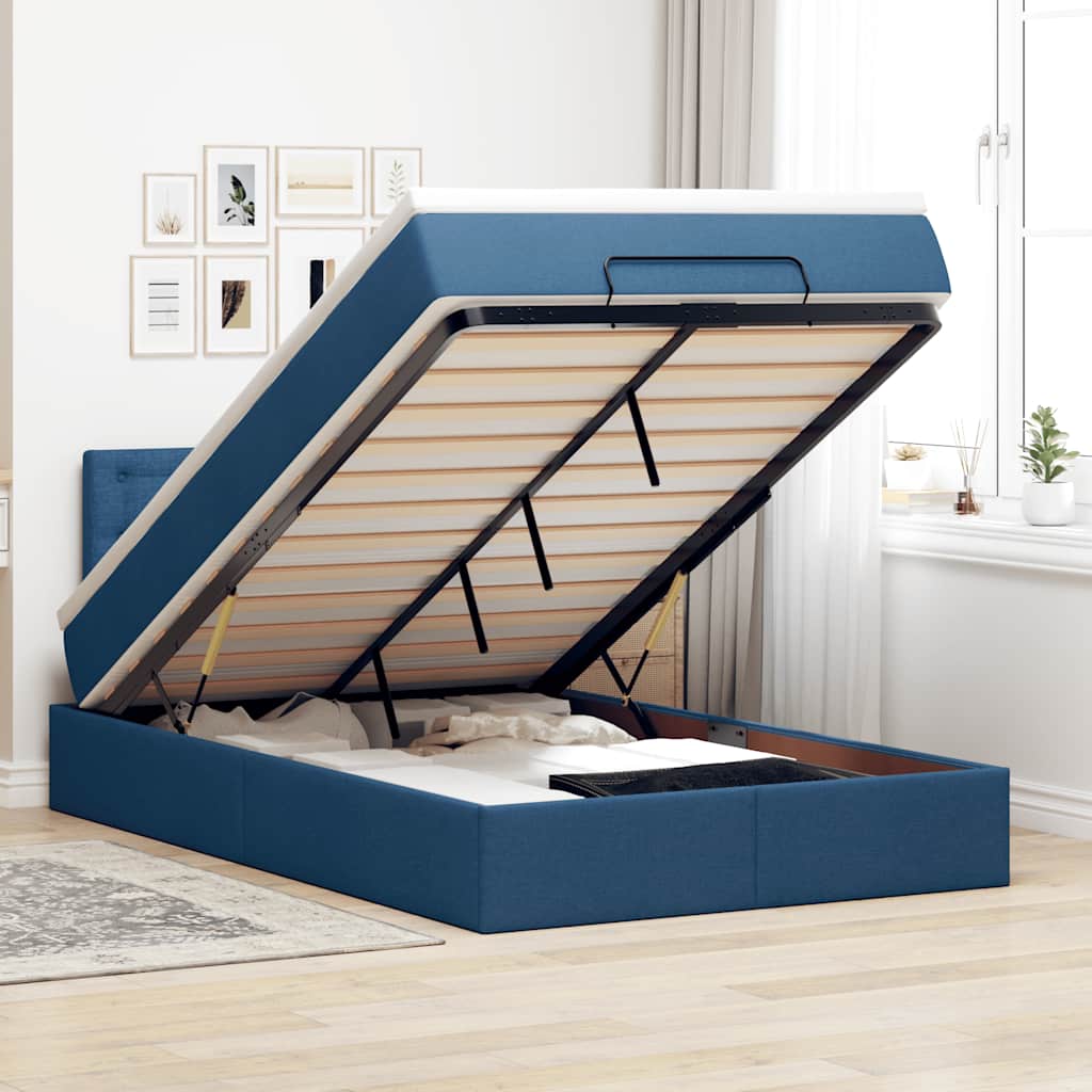 Cadre de lit ottoman avec matelas bleu 120x190 cm tissu - XIOS