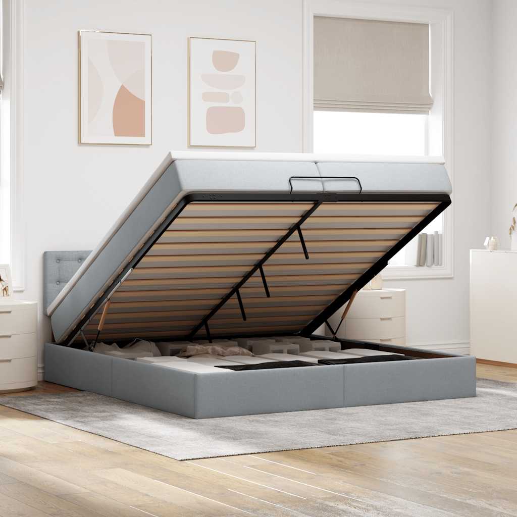 Cadre de lit ottoman avec matelas gris clair 200x200 cm tissu - XIOS
