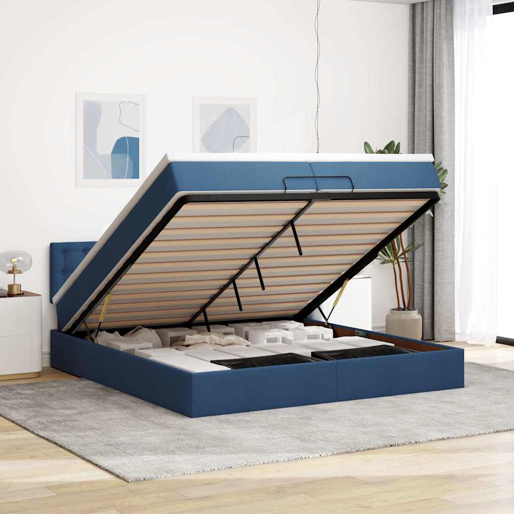 Cadre de lit ottoman avec matelas bleu 200x200 cm tissu - XIOS