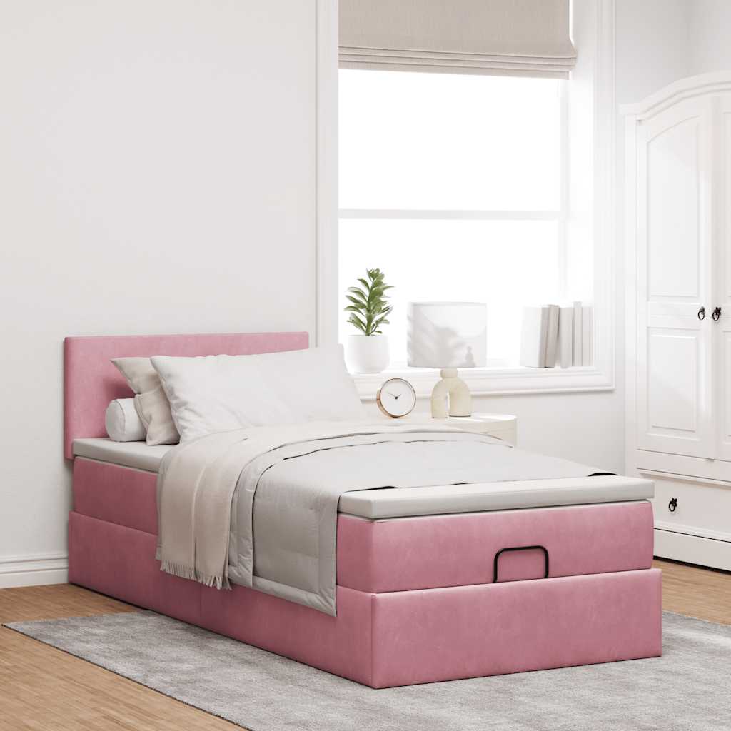 Cadre de lit ottoman avec matelas rose 80x200 cm velours - XIOS