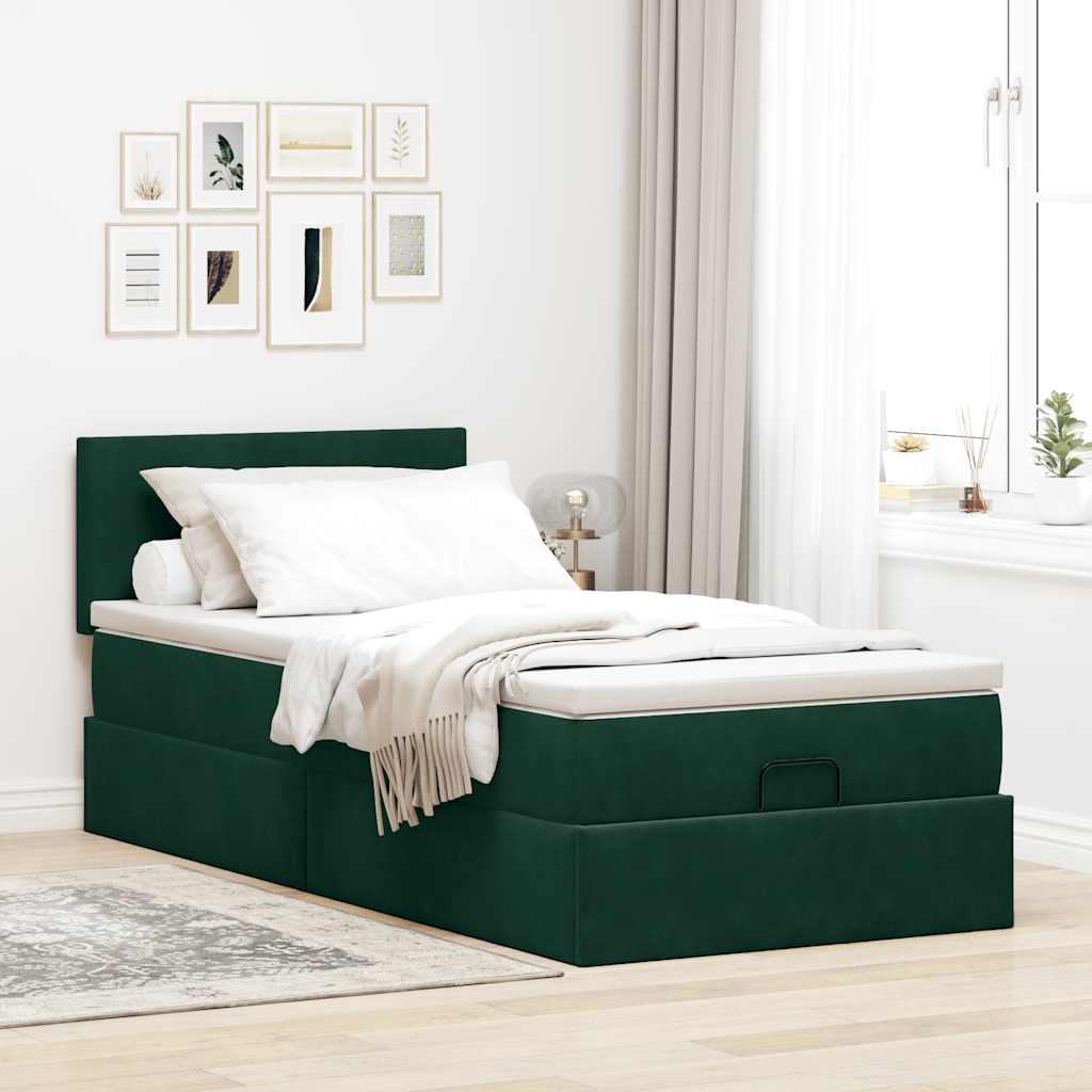 Cadre de lit ottoman avec matelas vert foncé 90x190 cm velours - XIOS