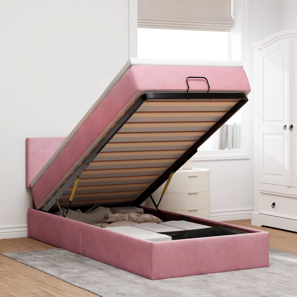 Cadre de lit ottoman avec matelas rose 90x190 cm velours - XIOS