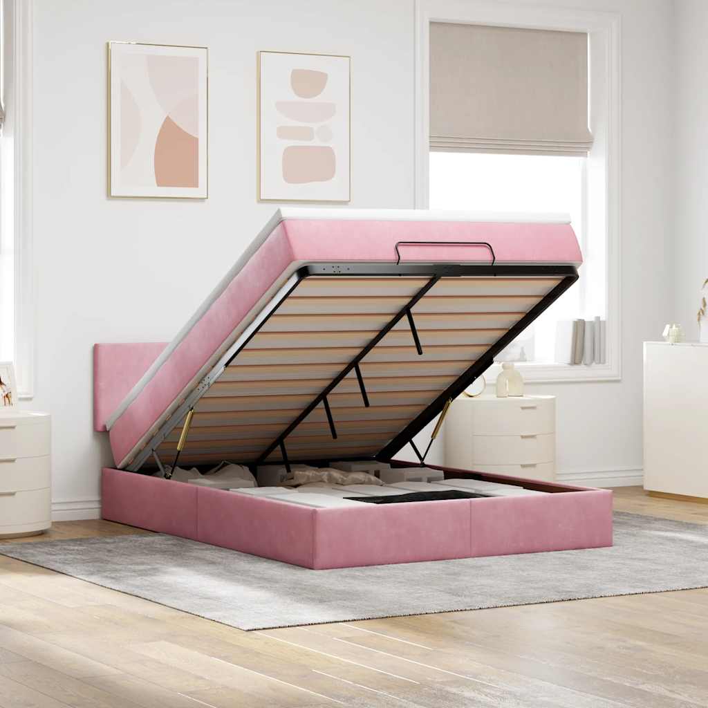 Cadre de lit ottoman avec matelas rose 140x190 cm velours - XIOS