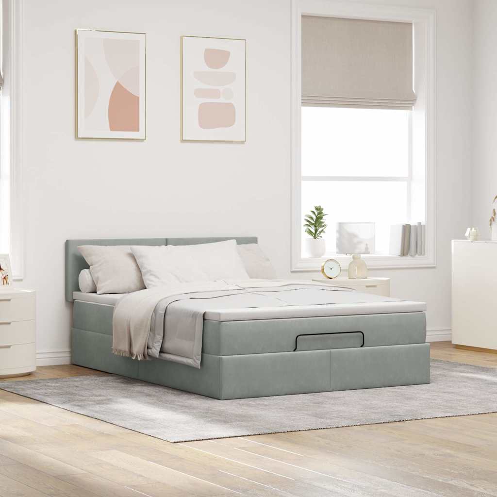 Cadre de lit ottoman avec matelas gris clair 140x200 cm velours - XIOS