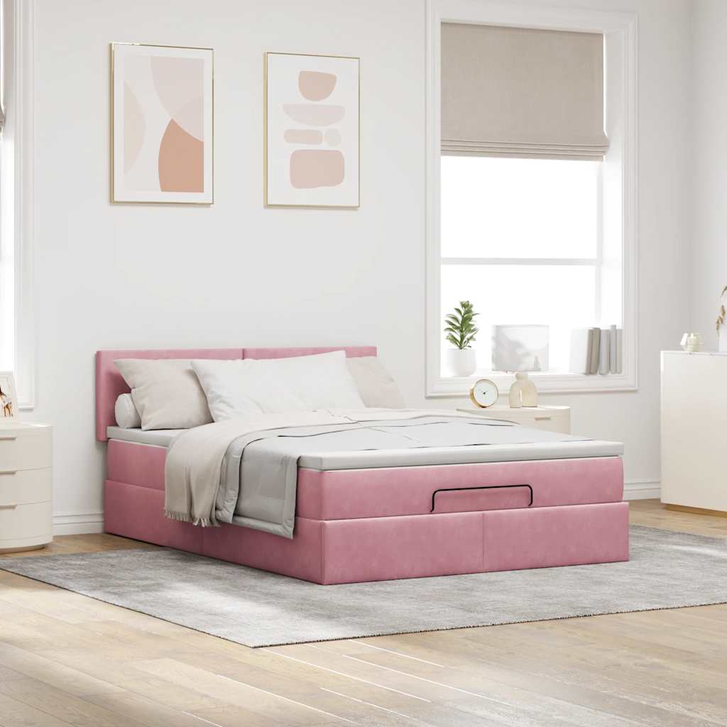 Cadre de lit ottoman avec matelas rose 140x200 cm velours - XIOS