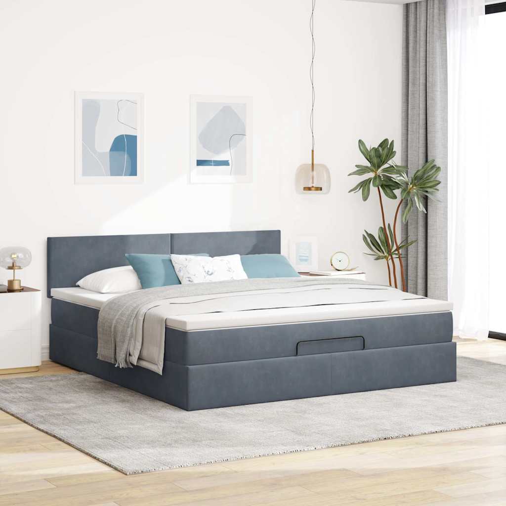Cadre de lit ottoman avec matelas gris foncé 160x200 cm velours - XIOS